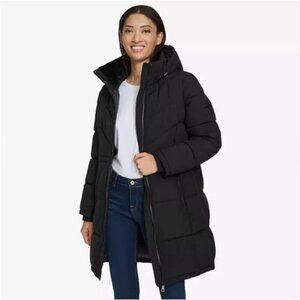 Dkny Women's Black Puffer Jacket Hooded Toggles Faux Fur Collar XL NWT